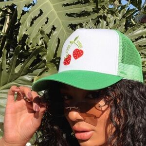 Cherry Embroidered Green Trucker Hat